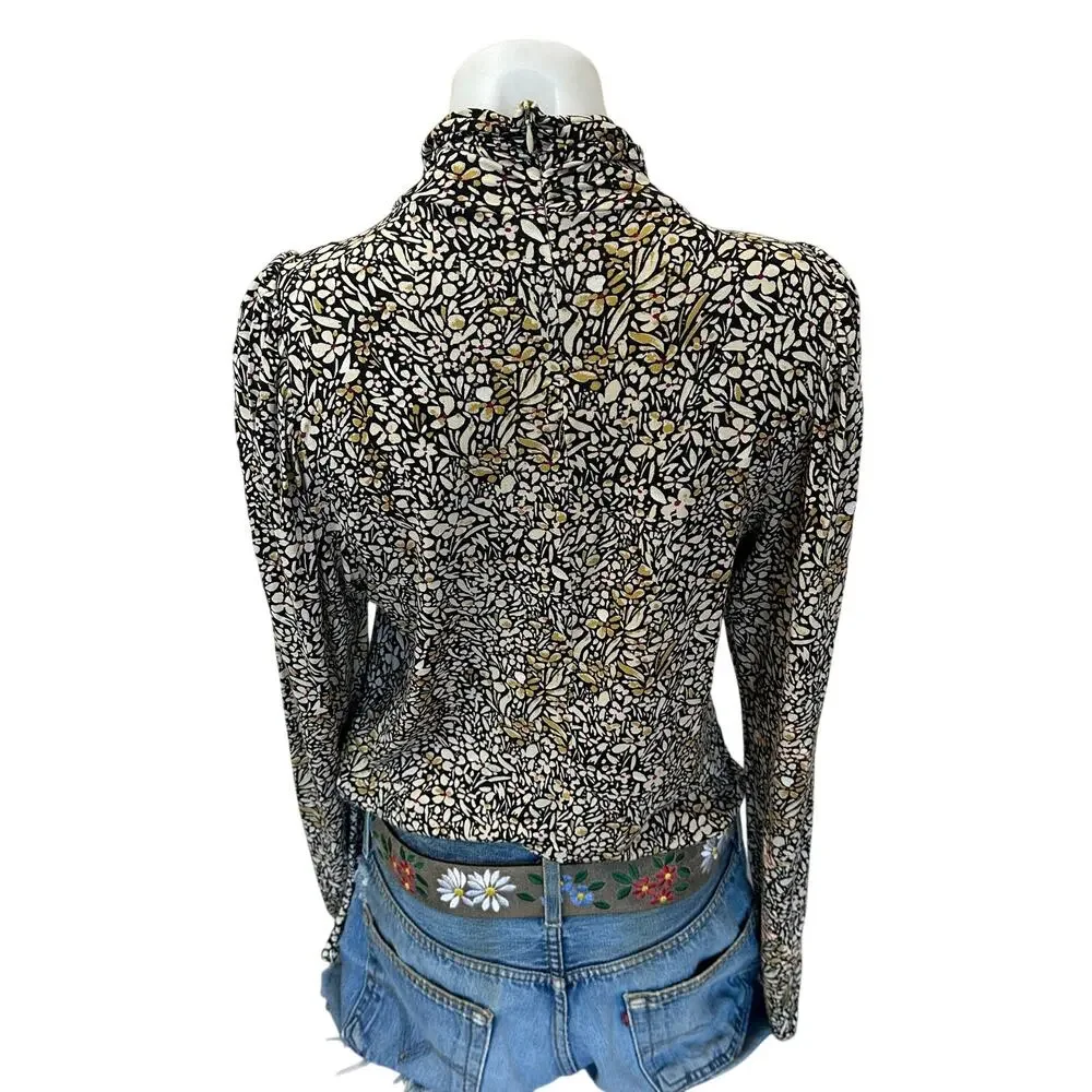 BA&SH Brown Floral Blouse Top LARGE Career Designer Fall Office Mockneck $245 - Picture 10 of 11
